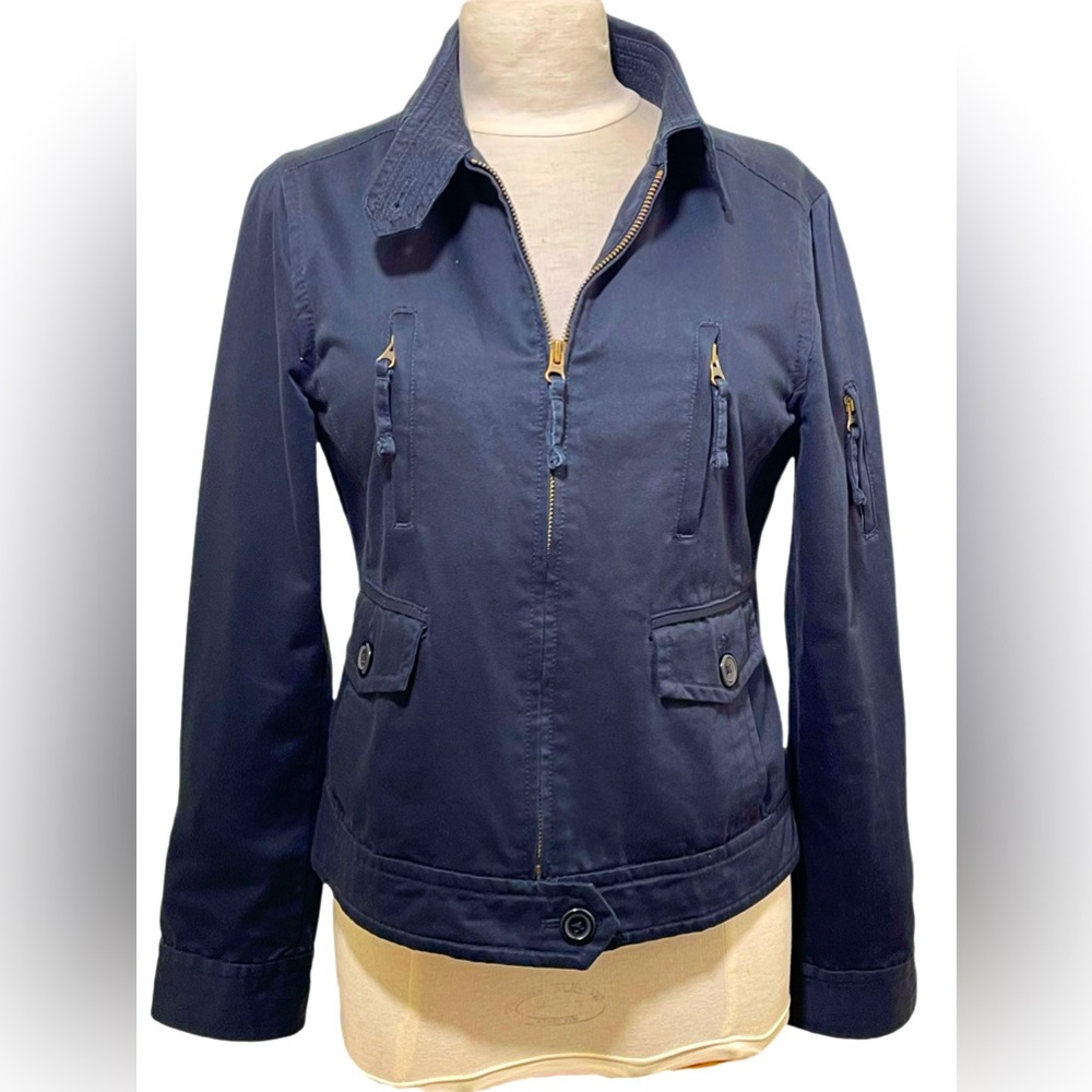 Jcrew navy cotton jacket cool detailing size L Arms Too Small For Me Never Worn